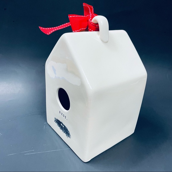NWT Rae Dunn Rare Stamped Nest HTF Ceramic White Birdhouse Style 150 Red Ribbon - Picture 8 of 10